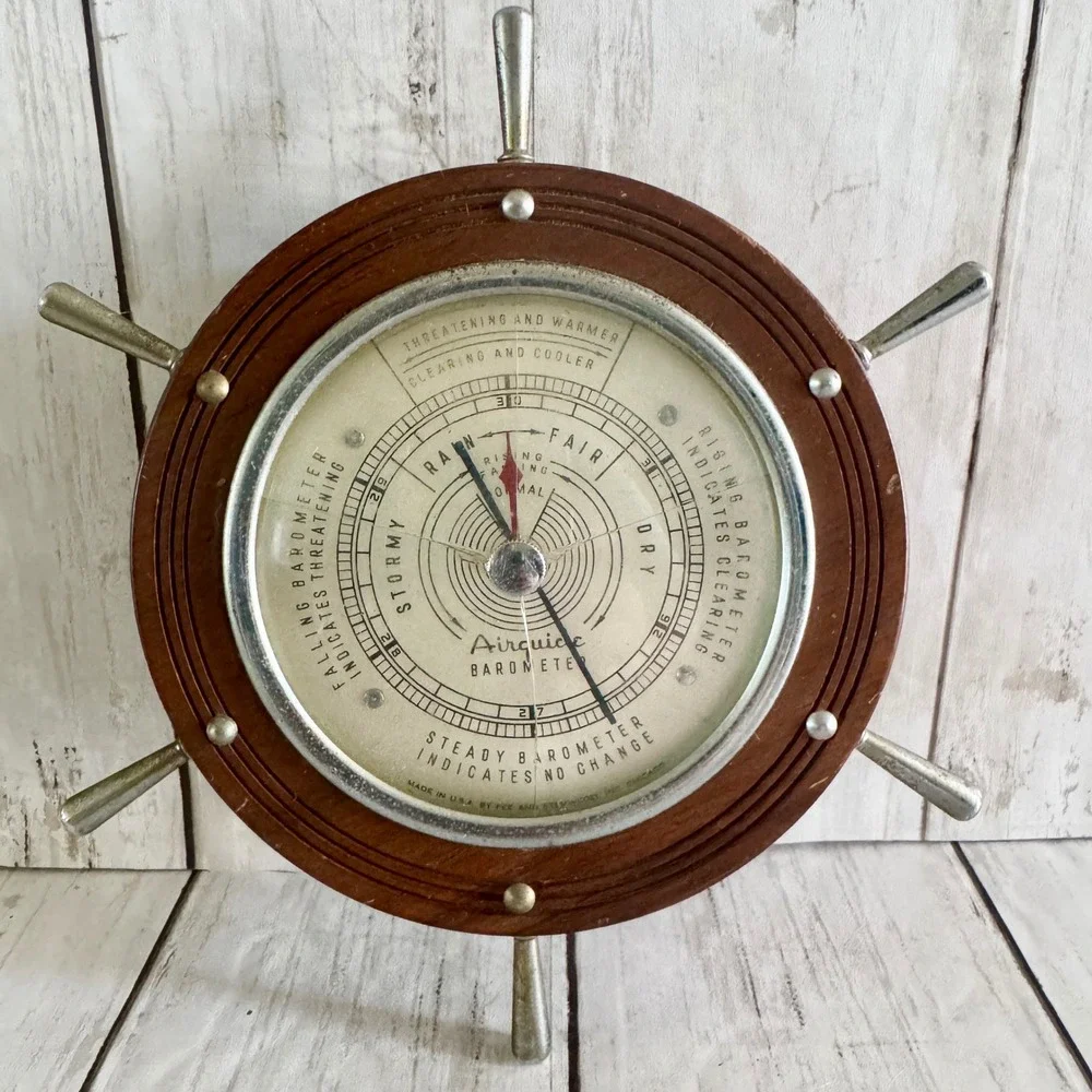 Vintage Airguide Barometer Nautical Ship Wheel Wood Wall Weather Station USA